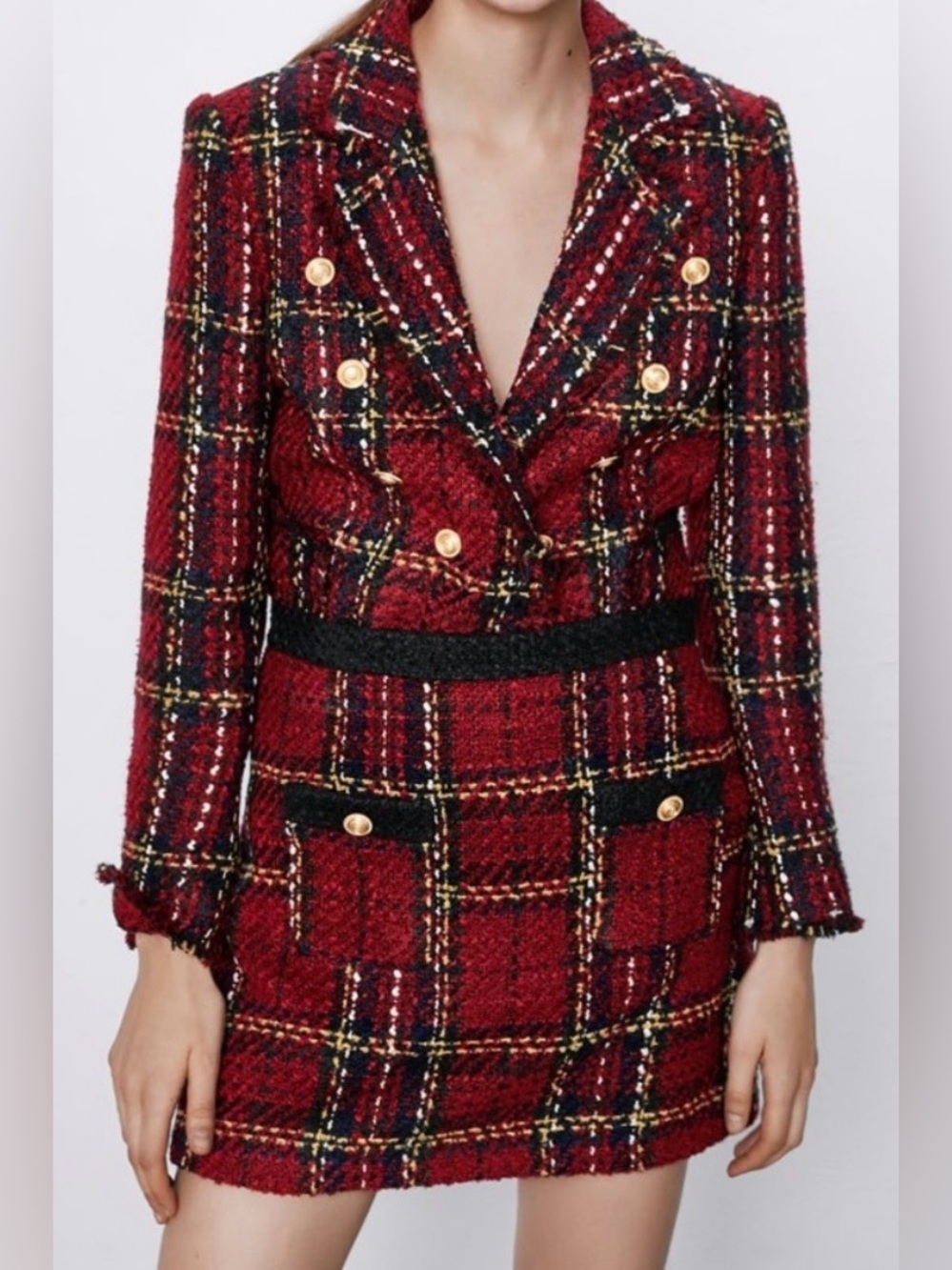 ZARA • Red/Black Tartan Plaid Tweed Mini Skirt, XS - Picture 2 of 16